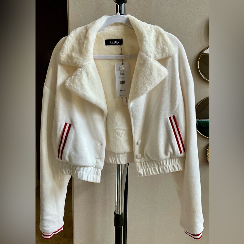 AKIRA White and Red Teddy Jacket with Ribbed Cuffs